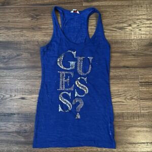 Vintage Y2K Blue Guess‎ Mcbling Lace Racer Back Rhinestone Tank Top Baddie 2000s